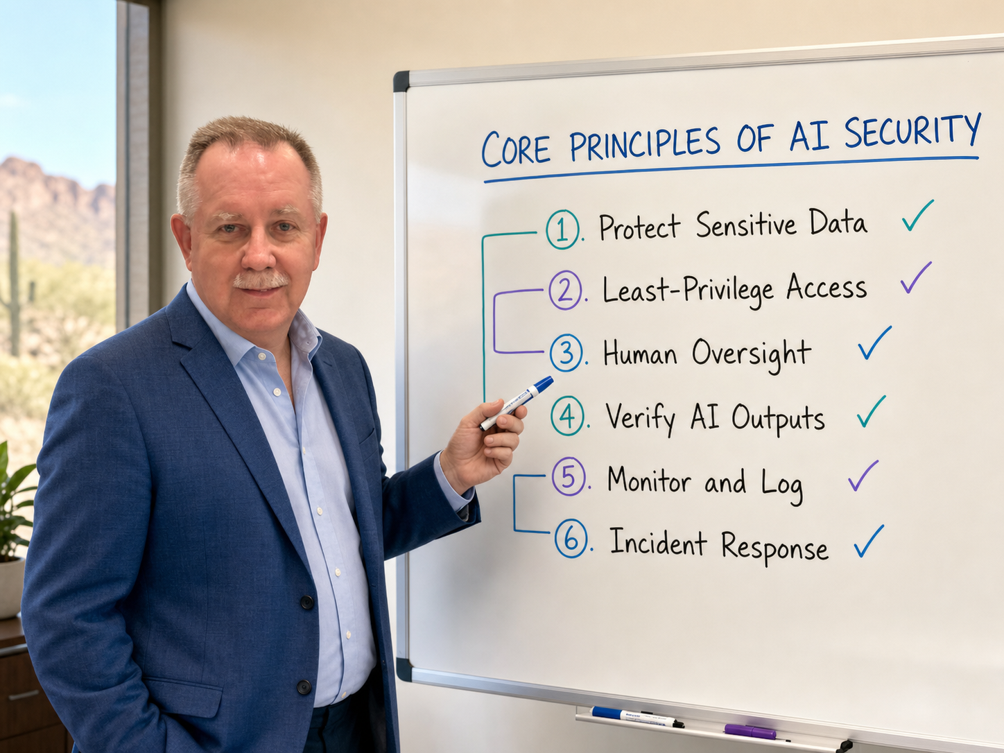 Bob Gould explaining six core principles of AI security on a whiteboard