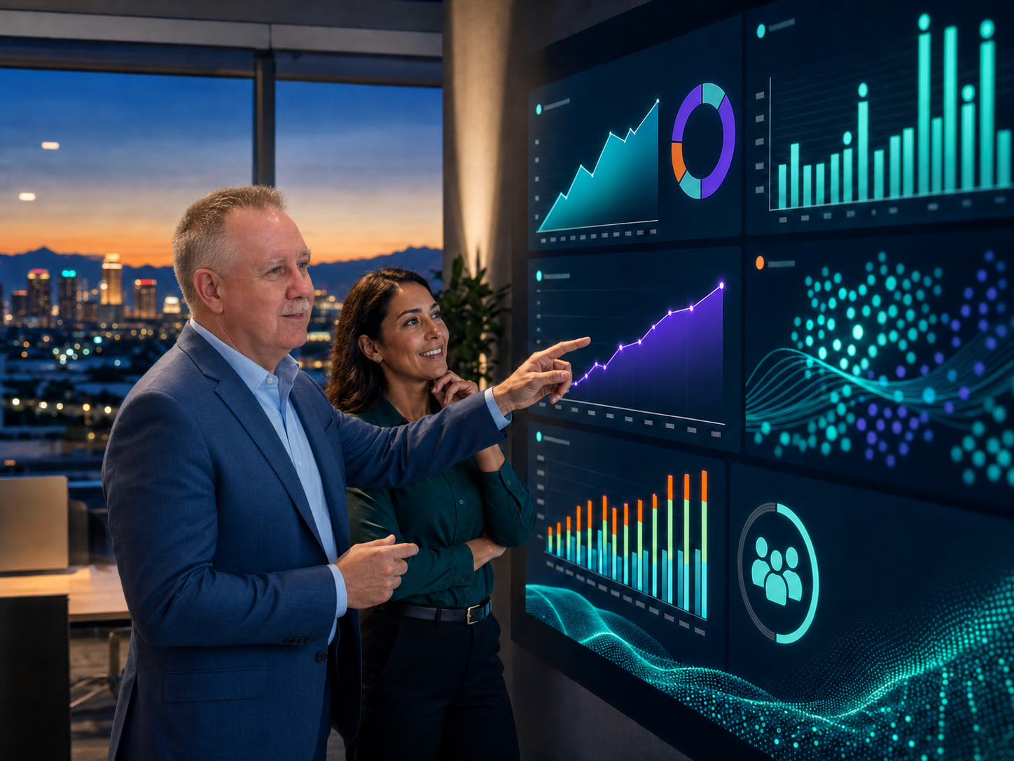 An advisor and business owner reviewing the measurable results of an AI implementation